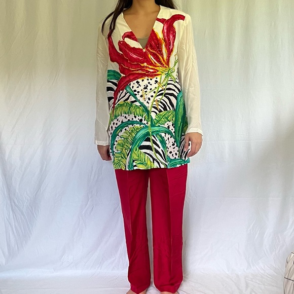 Diane Gilman Vintage Vibrant Tropical Floral Sequin Silk Two-Piece Set - Picture 1 of 10